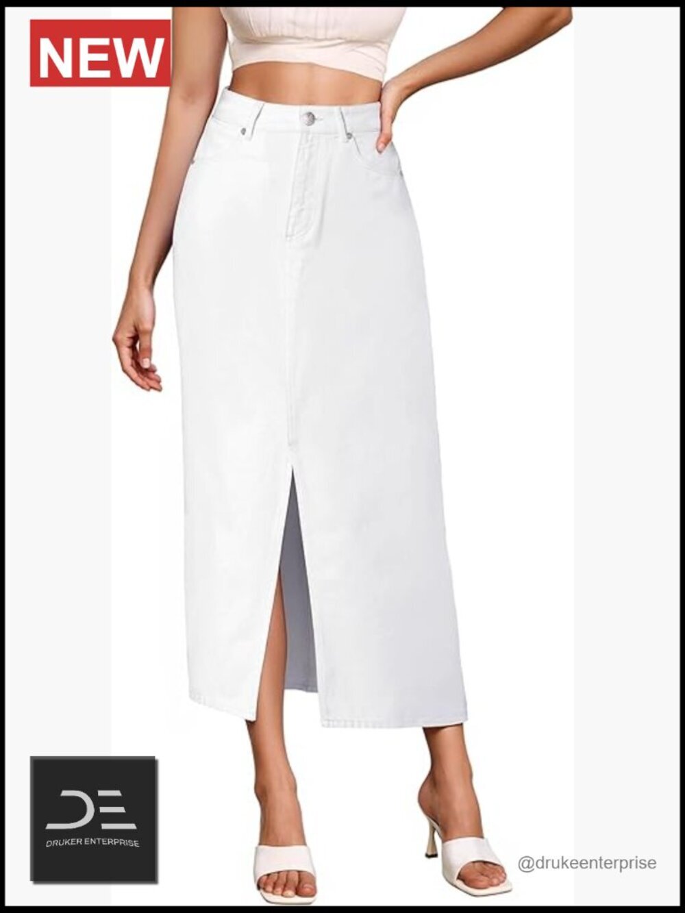 High-Rise Wide Leg Stretch Denim Skirt, Button Front, Office Casual